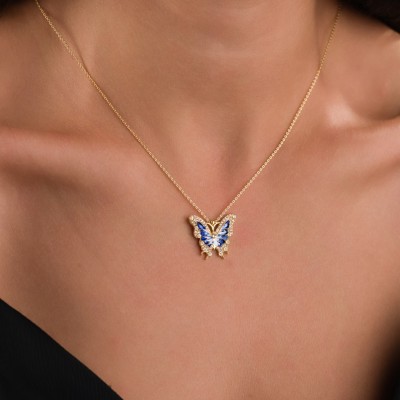 Zarif Kelebek Çelik Kolye, Mavi Zirkon Taşlı Gold Renk Bayan Kolye
