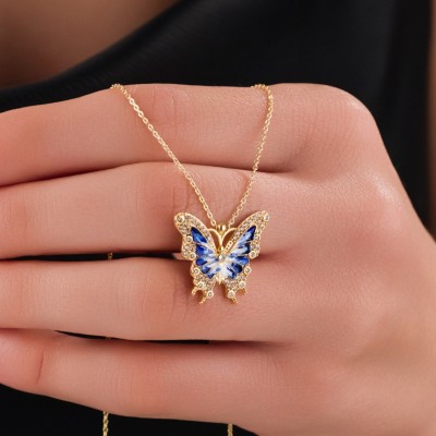 Zarif Kelebek Çelik Kolye, Mavi Zirkon Taşlı Gold Renk Bayan Kolye Zarif Kelebek Çelik Kolye, Mavi Zirkon Taşlı Gold Renk Bayan Kolye