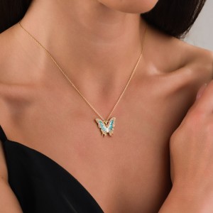 Zarif Kelebek Çelik Kolye, Turkuaz Zirkon Taşlı Gold Renk Bayan Kolye