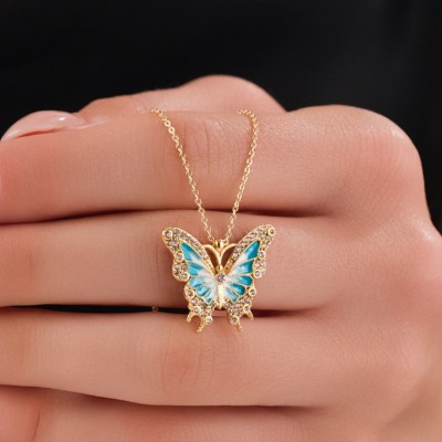 Zarif Kelebek Çelik Kolye, Turkuaz Zirkon Taşlı Gold Renk Bayan Kolye Zarif Kelebek Çelik Kolye, Turkuaz Zirkon Taşlı Gold Renk Bayan Kolye