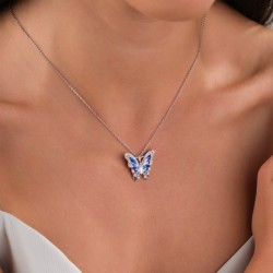 Zarif Kelebek Çelik Kolye, Mavi Zirkon Taşlı Gümüş Renk Bayan Kolye