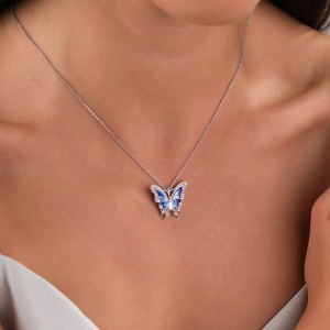 Zarif Kelebek Çelik Kolye, Mavi Zirkon Taşlı Gümüş Renk Bayan Kolye