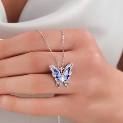 Zarif Kelebek Çelik Kolye, Mavi Zirkon Taşlı Gümüş Renk Bayan Kolye Zarif Kelebek Çelik Kolye, Mavi Zirkon Taşlı Gümüş Renk Bayan Kolye
