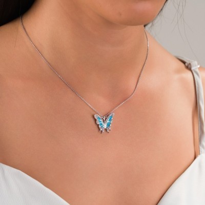 Zarif Kelebek Çelik Kolye, Turkuaz Zirkon Taşlı Gümüş Renk Bayan Kolye