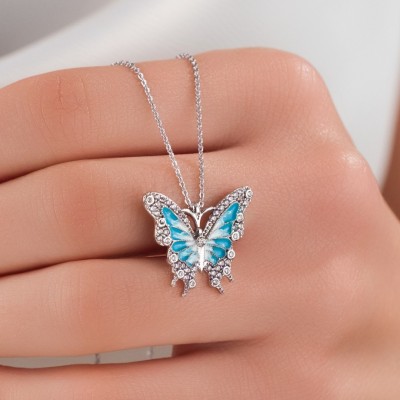 Zarif Kelebek Çelik Kolye, Turkuaz Zirkon Taşlı Gümüş Renk Bayan Kolye Zarif Kelebek Çelik Kolye, Turkuaz Zirkon Taşlı Gümüş Renk Bayan Kolye