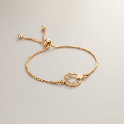 Işıltılı Zirkon Taşlı Ay Yıldız Bileklik - Her Bileğe Uygun Asansörlü Gold Renk