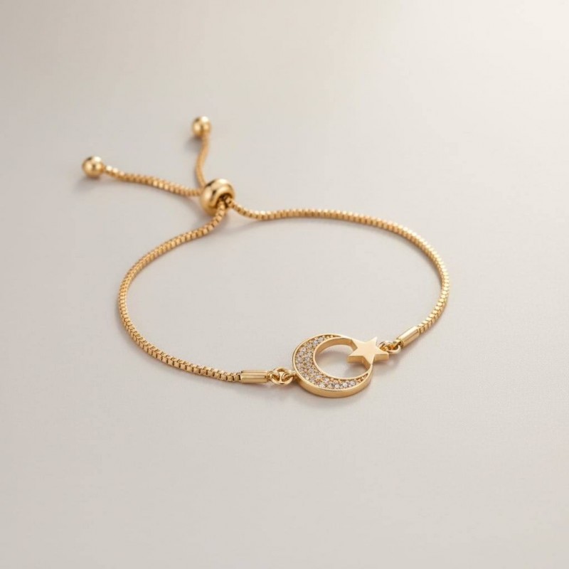 Işıltılı Zirkon Taşlı Ay Yıldız Bileklik - Her Bileğe Uygun Asansörlü Gold Renk Işıltılı Zirkon Taşlı Ay Yıldız Bileklik - Her Bileğe Uygun Asansörlü Gold Renk
