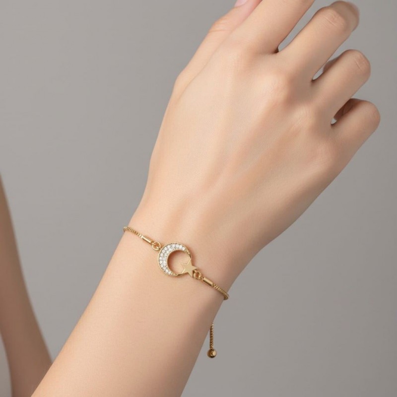 Işıltılı Zirkon Taşlı Ay Yıldız Bileklik - Her Bileğe Uygun Asansörlü Gold Renk Işıltılı Zirkon Taşlı Ay Yıldız Bileklik - Her Bileğe Uygun Asansörlü Gold Renk