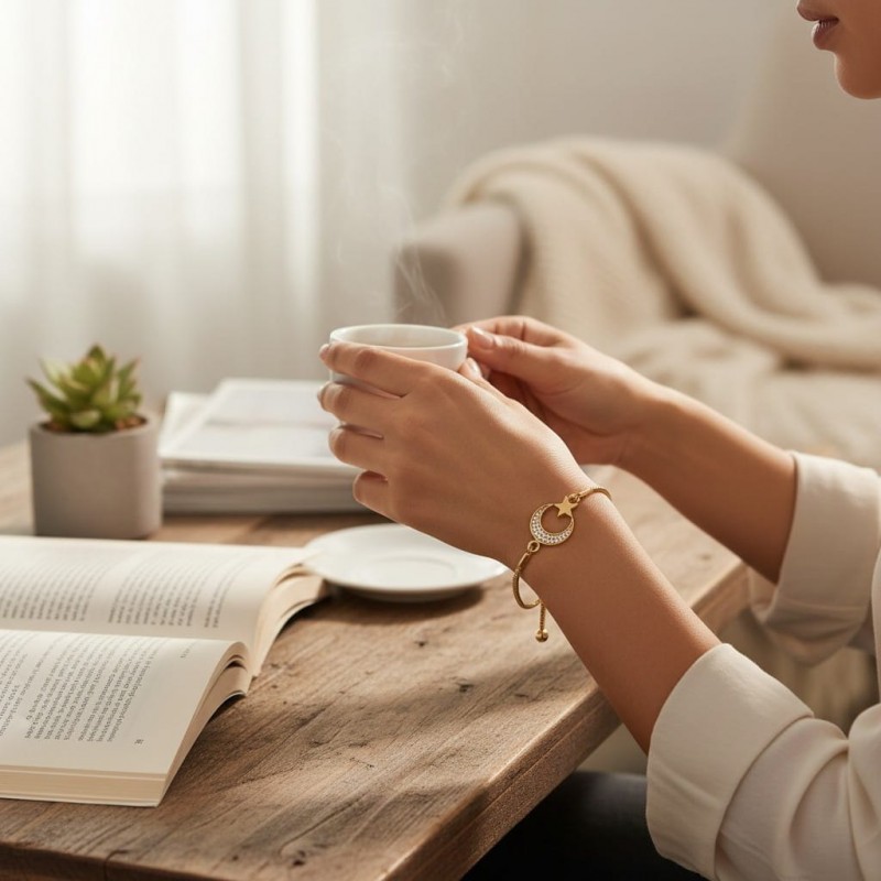 Işıltılı Zirkon Taşlı Ay Yıldız Bileklik - Her Bileğe Uygun Asansörlü Gold Renk Işıltılı Zirkon Taşlı Ay Yıldız Bileklik - Her Bileğe Uygun Asansörlü Gold Renk