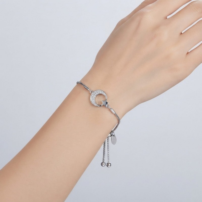 Işıltılı Zirkon Taşlı Ay Yıldız Bileklik - Her Bileğe Uygun Asansörlü Gümüş Kaplama