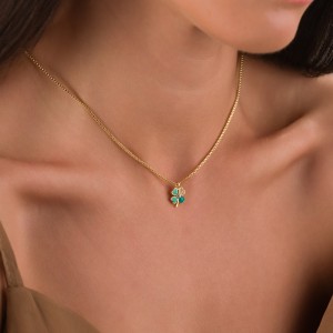 Şans Yoncası Figürlü Kadın Kolye , Zirkon Taş Detaylı, Kararmaz Şık Takı - Altın Kaplama Yeşil Yonca