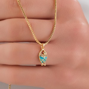 Altın Kaplama Turkuaz Balık Figürlü Çelik Kolye, Kararmaz, Antialerjik Altın Kaplama Turkuaz Balık Figürlü Çelik Kolye, Kararmaz, Antialerjik