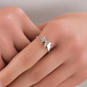  Kelebek Figürlü Zirkon Taşlı Kadın Çelik Yüzük,Gümüş Kaplama - 18 Numara / 19 mm