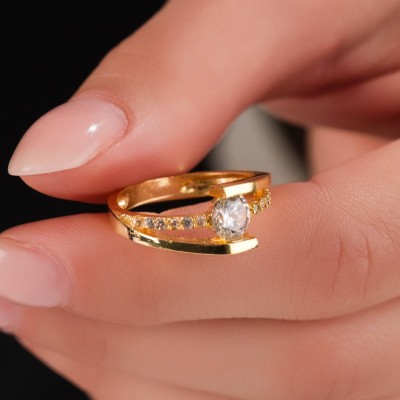 Zirkon Taşlı Gold Renk Kadın Tek Taş Alyans Yüzük | 18 Numara / 19 mm Zirkon Taşlı Gold Renk Kadın Tek Taş Alyans Yüzük | 18 Numara / 19 mm