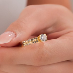 Çift Sıra Taşlı Altın Kaplama Tek Taş Yüzük | 18 Numara -19 mm Çap