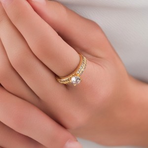 Çift Sıra Taşlı Altın Kaplama Tek Taş Yüzük | 18 Numara -19 mm Çap Çift Sıra Taşlı Altın Kaplama Tek Taş Yüzük | 18 Numara -19 mm Çap