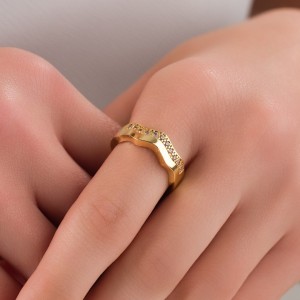 Zirkon Taşlı Alyans Model Altın Kaplama Kadın Yüzük | 18 Numara / 19 mm, Paslanmaz Çelik