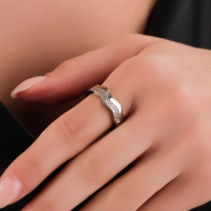 Zirkon Taşlı Alyans Model Gümüş Kaplama Kadın Yüzük | 18 Numara / 19 mm, Paslanmaz Çelik