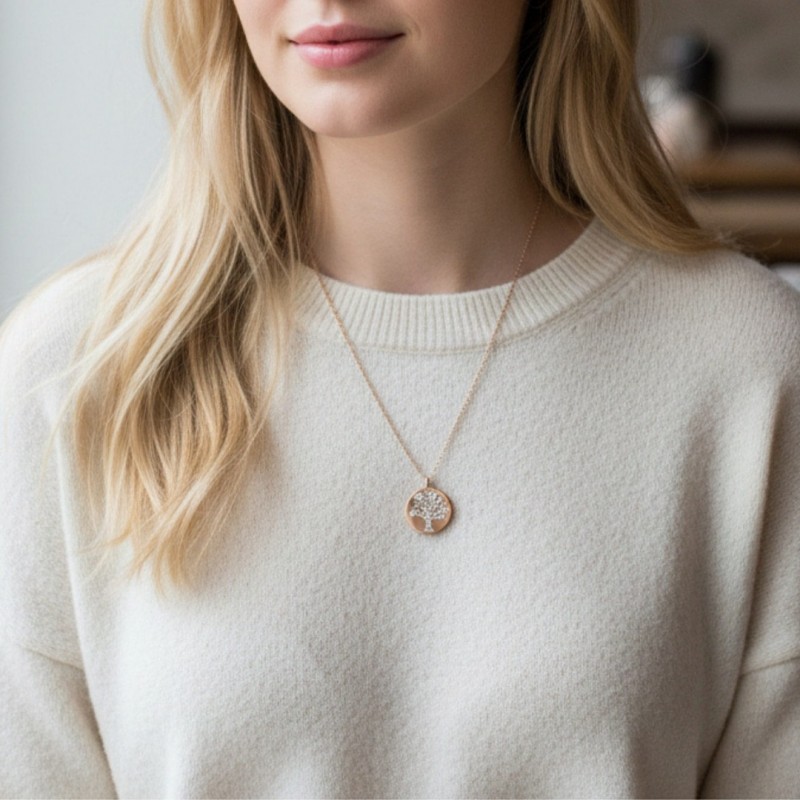 Kadın Rose Zirkon Taşlı Hayat Ağacı Kolye - Şans ve Yaşam Enerjisi