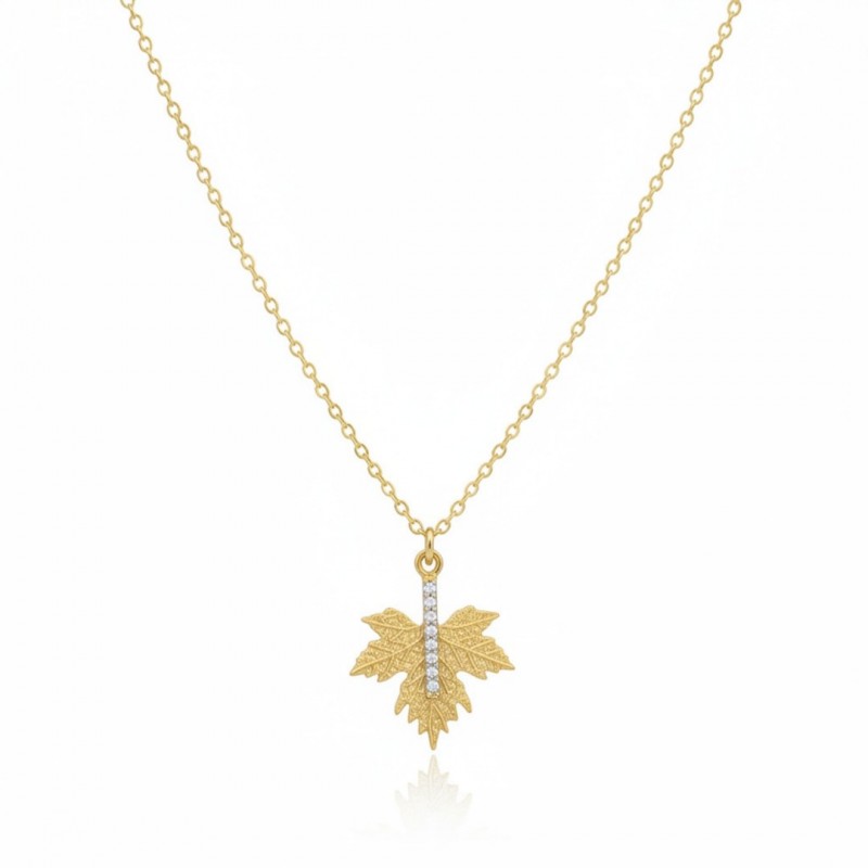 Kadın Gold Kararmaz Çelik Kolye - Zirkon Taşlı Çınar Yaprağı Model Zincir Kolye Kadın Gold Kararmaz Çelik Kolye - Zirkon Taşlı Çınar Yaprağı Model Zincir Kolye