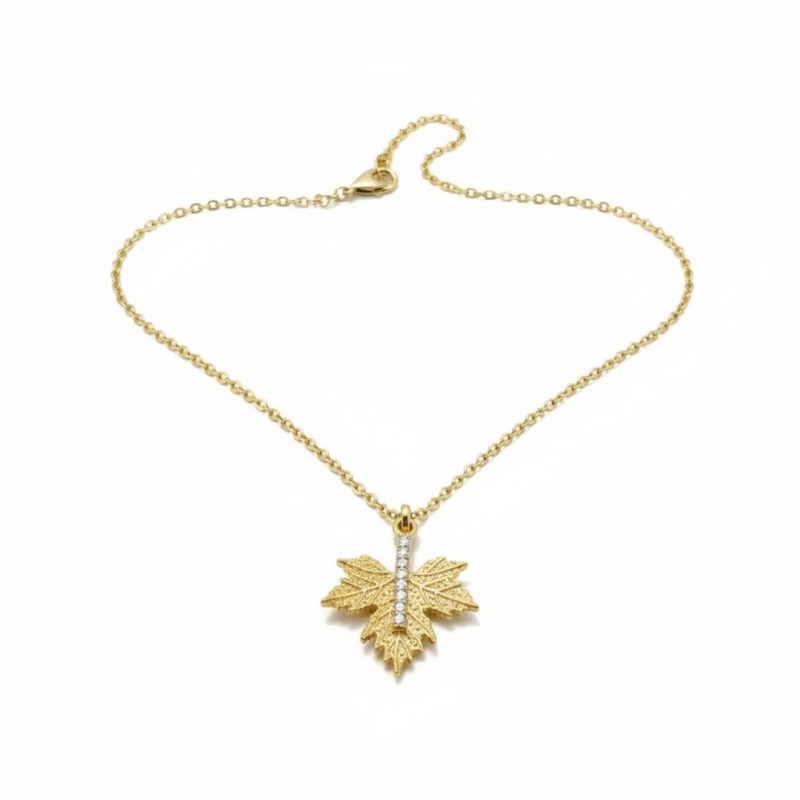 Kadın Gold Kararmaz Çelik Kolye - Zirkon Taşlı Çınar Yaprağı Model Zincir Kolye Kadın Gold Kararmaz Çelik Kolye - Zirkon Taşlı Çınar Yaprağı Model Zincir Kolye