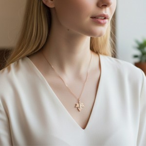 Kadın Rose Kararmaz Çelik Kolye - Zirkon Taşlı Çınar Yaprağı Model Zincir Kolye