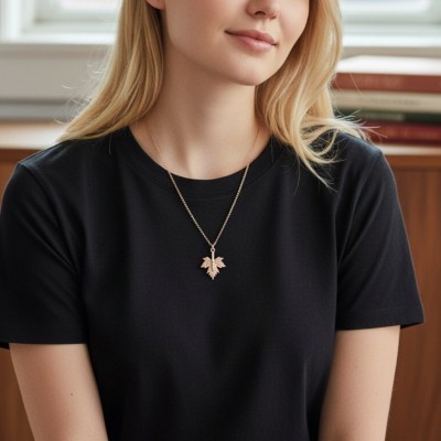 Kadın Rose Kararmaz Çelik Kolye - Zirkon Taşlı Çınar Yaprağı Model Zincir Kolye