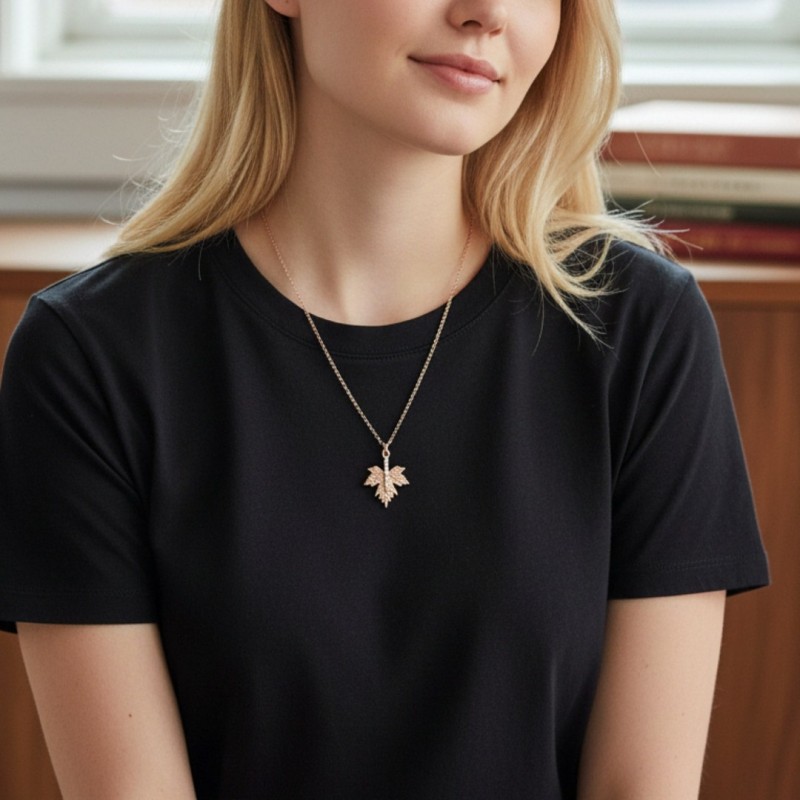 Kadın Rose Kararmaz Çelik Kolye - Zirkon Taşlı Çınar Yaprağı Model Zincir Kolye