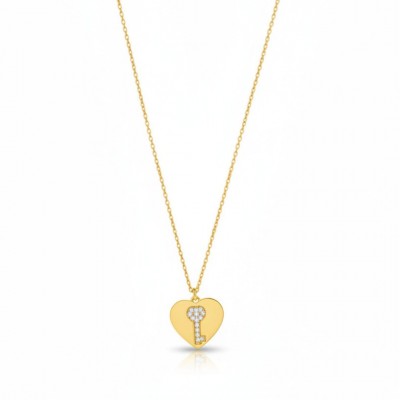 Kadın Gold Çelik Kalp İçinde Anahtar Kolye - Sevgiliye Anlamlı Hediye Zirkon Taşlı Kolye