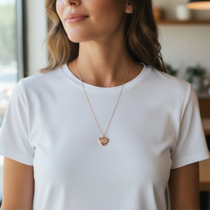 Kadın Gold Çelik Kolye - Sevgiliye Hediye Zirkon Taşlı Kalp ve Sonsuzluk Kolye