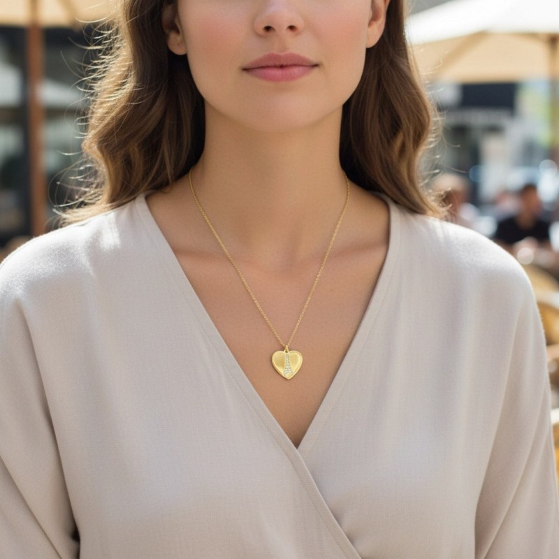 Sevgiliye Paris Temalı Zirkon Taşlı Kalp ve Eyfel Kulesi Gold Kolye Sevgiliye Paris Temalı Zirkon Taşlı Kalp ve Eyfel Kulesi Gold Kolye