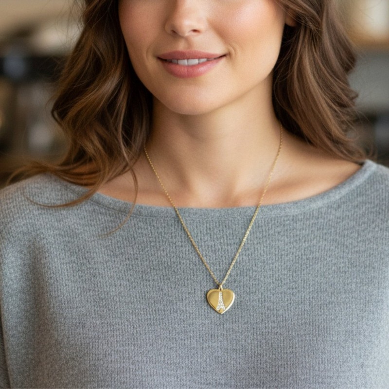 Sevgiliye Paris Temalı Zirkon Taşlı Kalp ve Eyfel Kulesi Gold Kolye Sevgiliye Paris Temalı Zirkon Taşlı Kalp ve Eyfel Kulesi Gold Kolye