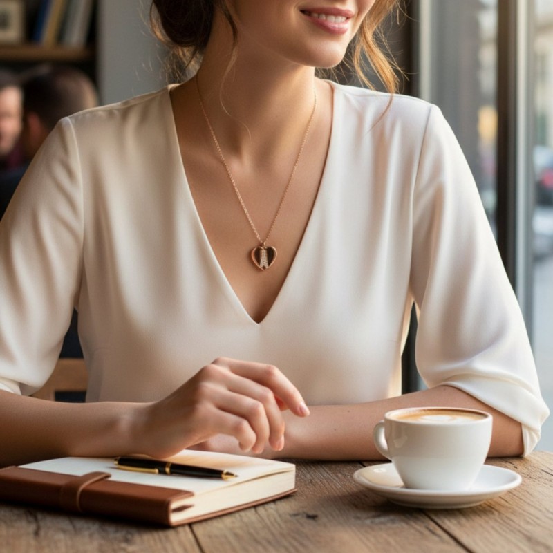 Sevgiliye Paris Temalı Zirkon Taşlı Kalp ve Eyfel Kulesi Rose Kolye