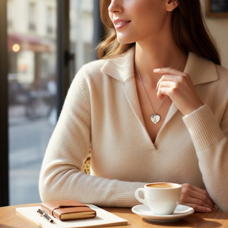 Sevgiliye Paris Temalı Zirkon Taşlı Kalp ve Eyfel Kulesi Gümüş Kolye