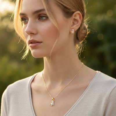 Kedi Figürlü Zirkon Taşlı Kolye Küpe Seti Gold Renk - Özel Hediye Kutulu 