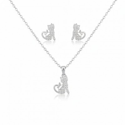 Kedi Figürlü Zirkon Taşlı Kolye Küpe Seti Gümüş Renk - Özel Hediye Kutulu 