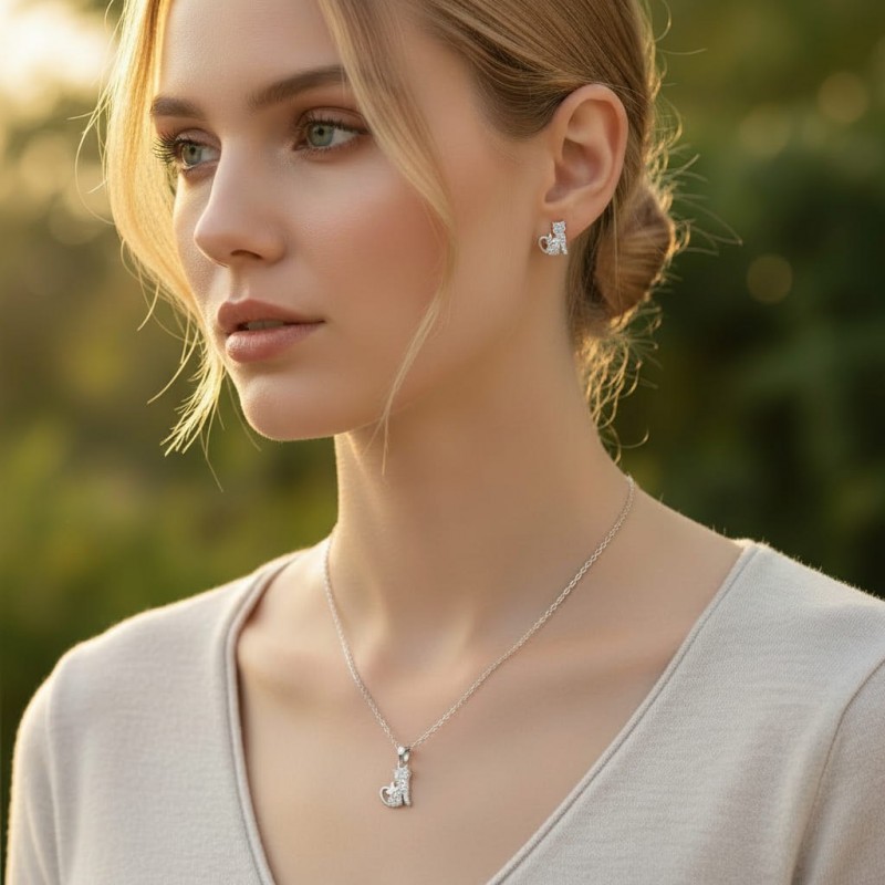 Kedi Figürlü Zirkon Taşlı Kolye Küpe Seti Gümüş Renk - Özel Hediye Kutulu Kedi Figürlü Zirkon Taşlı Kolye Küpe Seti Gümüş Renk - Özel Hediye Kutulu