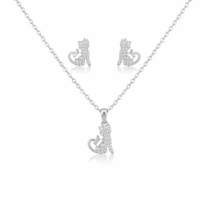 Kedi Figürlü Zirkon Taşlı Kolye Küpe Seti Gümüş Renk - Özel Hediye Kutulu Kedi Figürlü Zirkon Taşlı Kolye Küpe Seti Gümüş Renk - Özel Hediye Kutulu