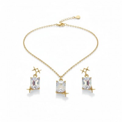 Baget Kesim Zirkon Taşlı Kolye Küpe Seti Gold Renk - Özel Hediye Kutulu