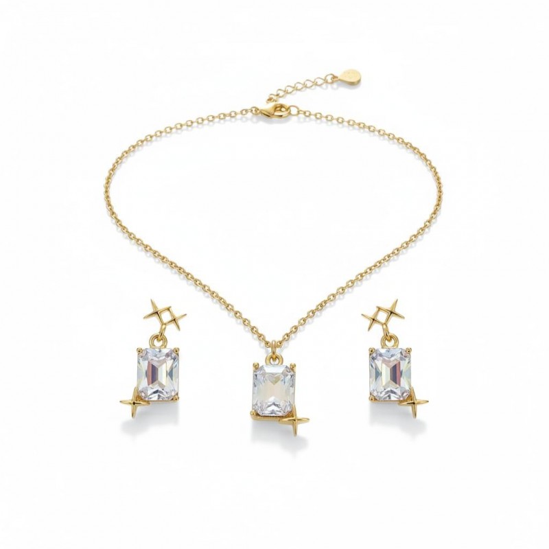 Baget Kesim Zirkon Taşlı Kolye Küpe Seti Gold Renk - Özel Hediye Kutulu