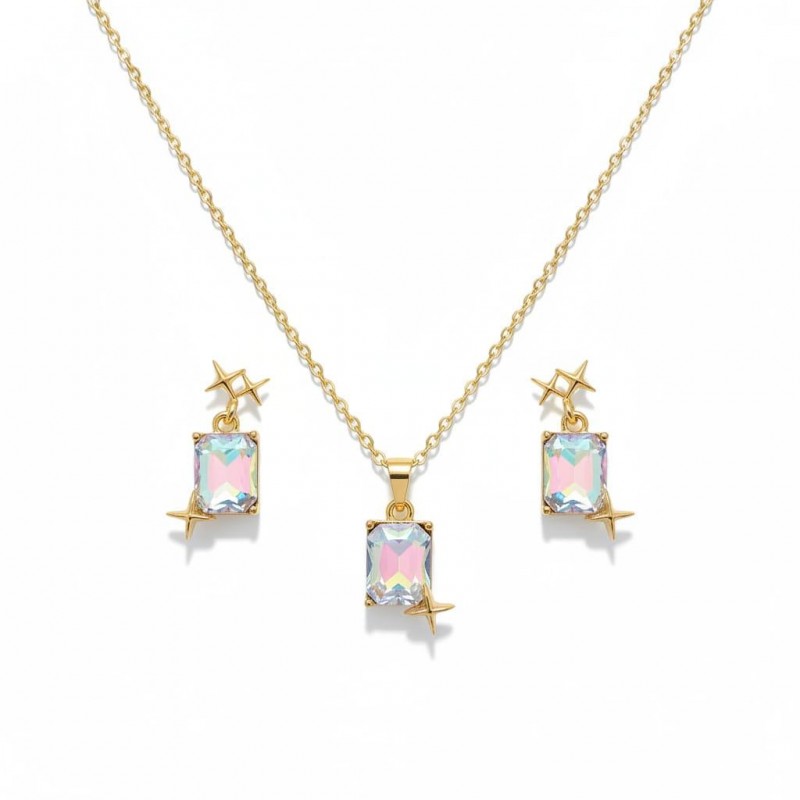 Baget Kesim Zirkon Taşlı Kolye Küpe Seti Gold Renk - Özel Hediye Kutulu