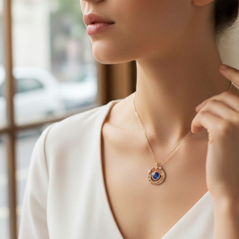 Mavi Kristal Taşlı Galaksi Tasarım Kolye - Zirkon Yıldız Detaylı 316l-celik-galaksi-gezegen-tasarim-mavi-tasli-kolye