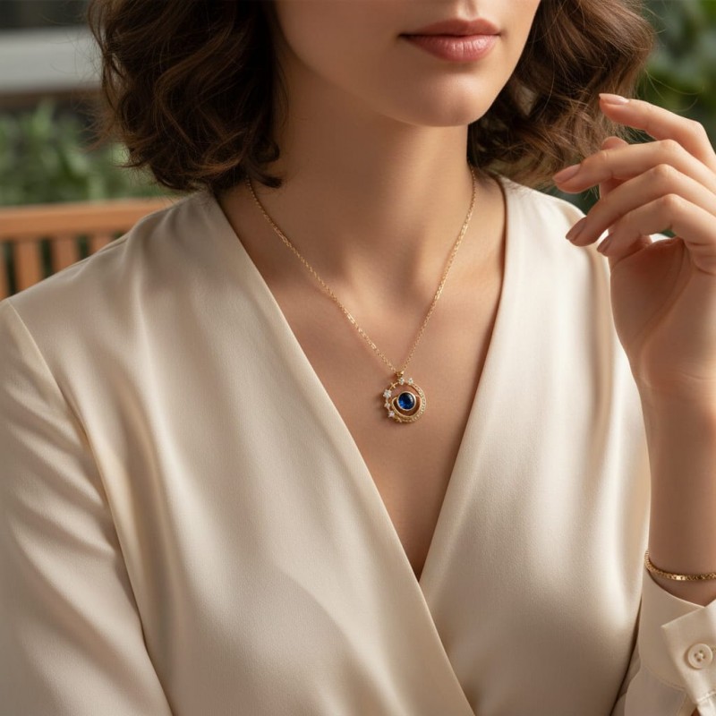 Mavi Kristal Taşlı Galaksi Tasarım Kolye - Zirkon Yıldız Detaylı 316l-celik-galaksi-gezegen-tasarim-mavi-tasli-kolye