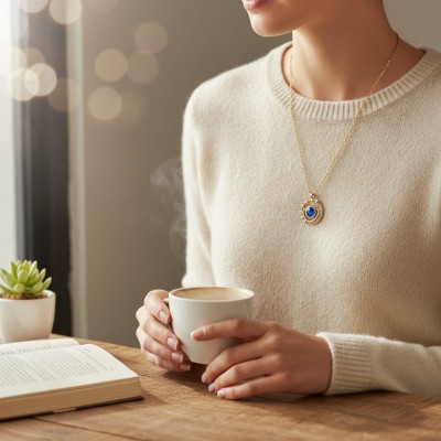 Mavi Kristal Taşlı Galaksi Tasarım Kolye - Zirkon Yıldız Detaylı