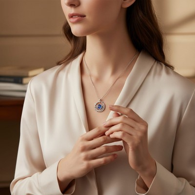 Mavi Kristal Taşlı Galaksi Tasarım Kolye - Zirkon Yıldız Detaylı | Gümüş Renk