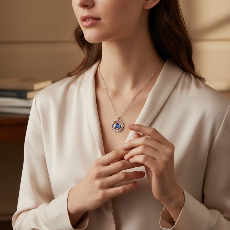 Mavi Kristal Taşlı Galaksi Tasarım Kolye - Zirkon Yıldız Detaylı | Gümüş Renk