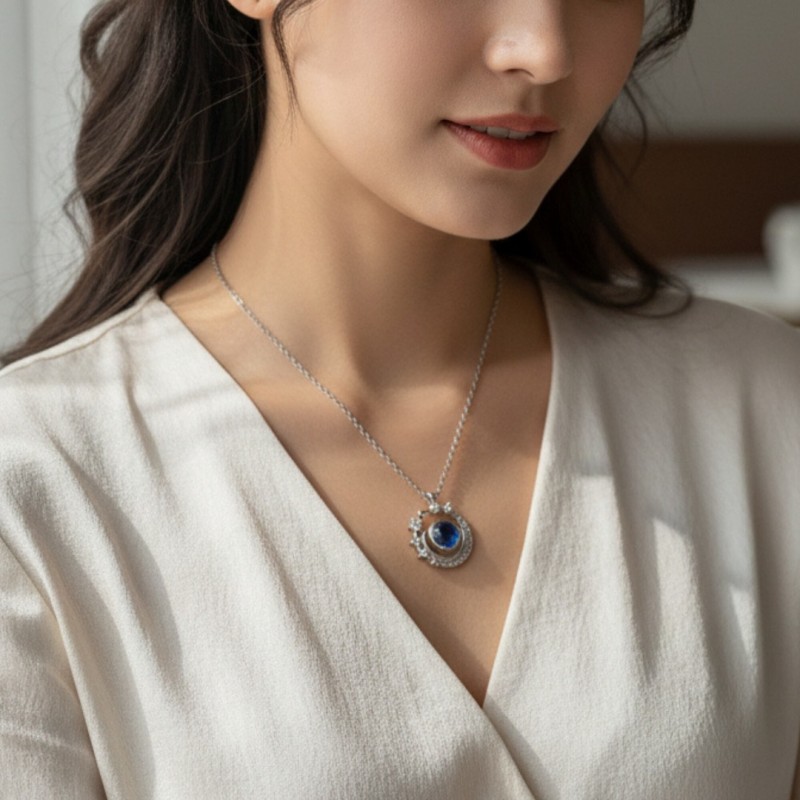 Mavi Kristal Taşlı Galaksi Tasarım Kolye - Zirkon Yıldız Detaylı | Gümüş Renk