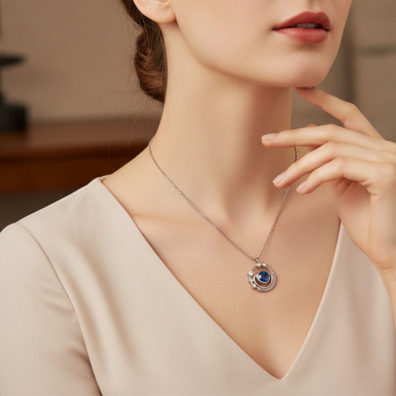 Mavi Kristal Taşlı Galaksi Tasarım Kolye - Zirkon Yıldız Detaylı | Gümüş Renk