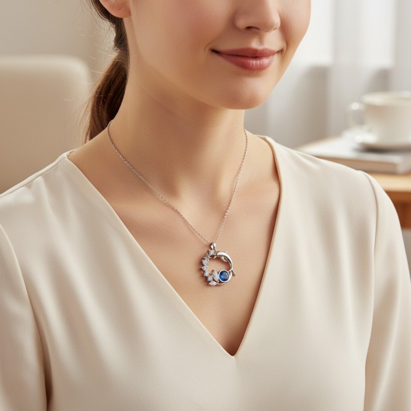 Zirkon Taşlı Yunus ve Yıldız Figürlü Gümüş Renk Kolye - Şans Temalı Kararmaz Takı