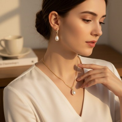 Lüks Damla İnci Kolye Küpe Seti - Zirkon Taşlı Kararmaz Çelik Altın Kaplama Hediye Seti